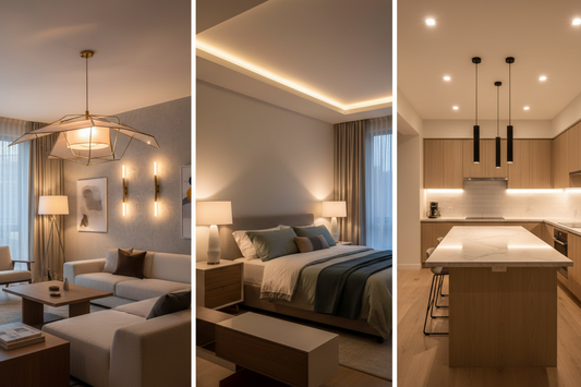 Room-by-room home lighting guide showing living room, bedroom, and kitchen lighting ideas for 2026