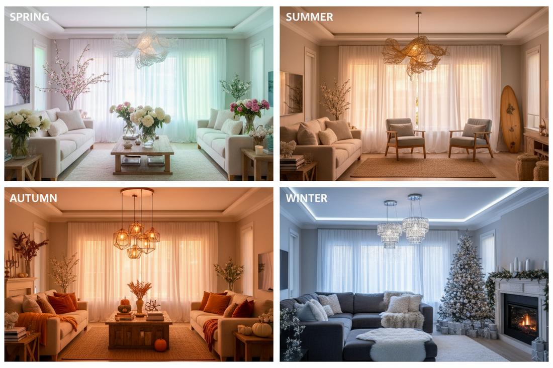 Seasonal home lighting guide showing warm cozy living room lighting styles for spring, summer, fall, and winter 2026