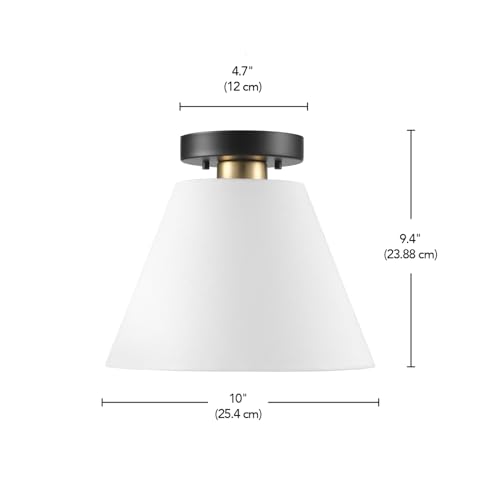 1-Light Semi-Flush Mount Ceiling Light, Matte Black with Matte Brass Accent, White Linen Shade, Dimmable, E26 Base, Transitional Style, 66000137