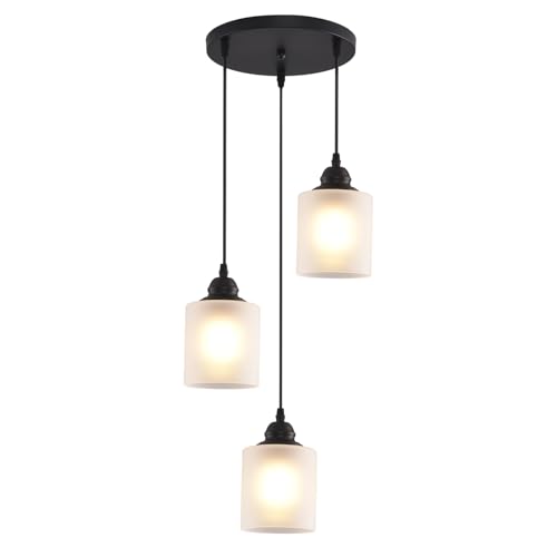 3 Lights Industrial Pendant Light with Glass Shade Matte Black Pendant Lighting Adjustable Industrial Retro Style Hanging Light (3 Count)