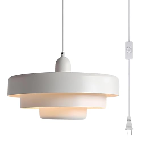 Hanging Lamp Plug in White Pendant Light Fixtures Mid Century Modern Pendant Lamp Nordic Style Pendant Lighting Metal Shade for Living Room Dining Room Bedroom Kitchen Island