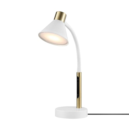 15" LED Integrated Matte White Desk Lamp with Matte Brass Accent and Adjustable Silicone Gooseneck
