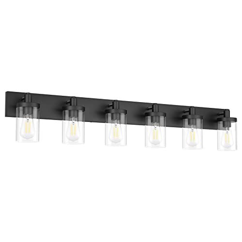 48in Vanity Light Black Bathroom Vanity Lighting Fixtures 6 Light Bathroom Light Fixtures with Clear Glass Shade