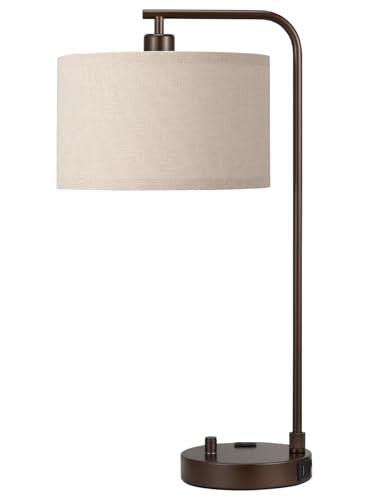 Brown Table Lamp for Bedroom with USB Port and Outlet