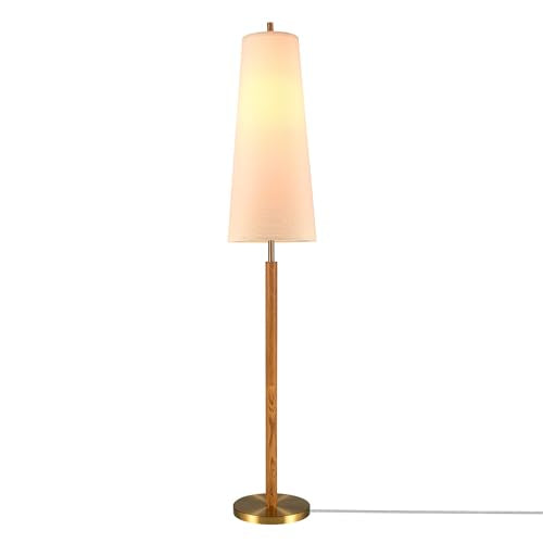 63" Matte Brass Floor Lamp with Wood Toned Accent and Long White Fabric Shade