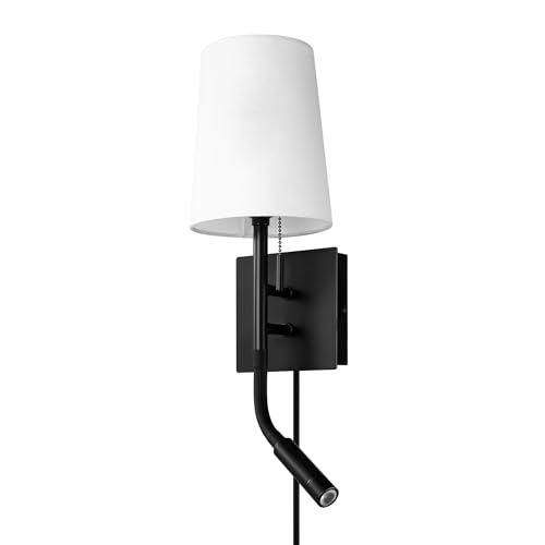 1-Light Plug-in or Hardwired Wall Sconce with LED Integrated Reading Light, USB-A Port, USB-C Port, Matte Black, White Fabric Shade, On-Off Pull Chain and Rocker Switch