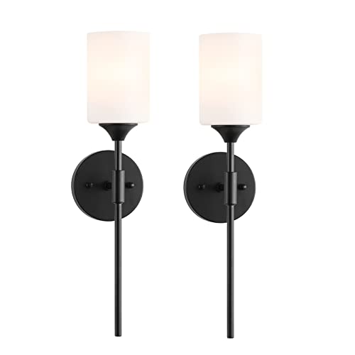 Mid Century Modern Wall Lamp 2 Pack with White Cylinder Glass Shades Matte Black Wall Sconce Bathroom Vanity Lighting Industrial Farmhouse Wall Light Fixtures for Mirror Bedroom Living Room (2 Count)