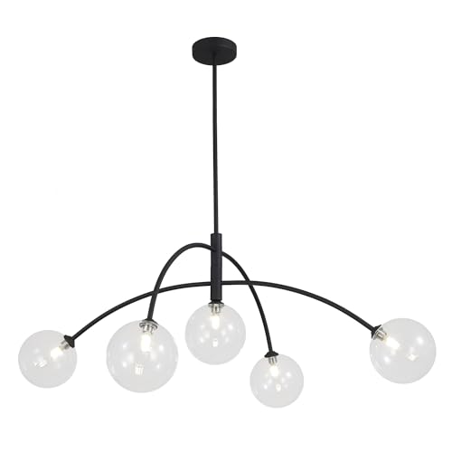 Mid Century Modern Sputnik Chandelier Adjustable 5 Light Pendant Light Fixture Clear Glass Black Ceiling Chandelier for Dining Room Kitchen Bedroom