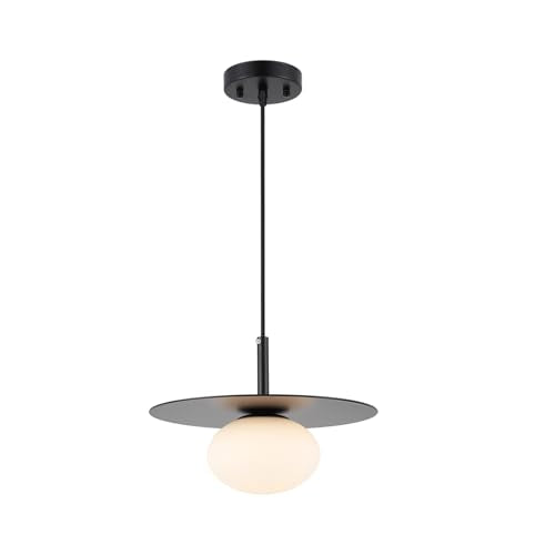 Modern Globe Pendant Lighting Milky White Glass Shade Matte Black Farmhouse Pendant Light 11.81" Dome Industrial Mid Century Hanging Ceiling Light Fixture Kitchen Island Dinning Room Bedroom
