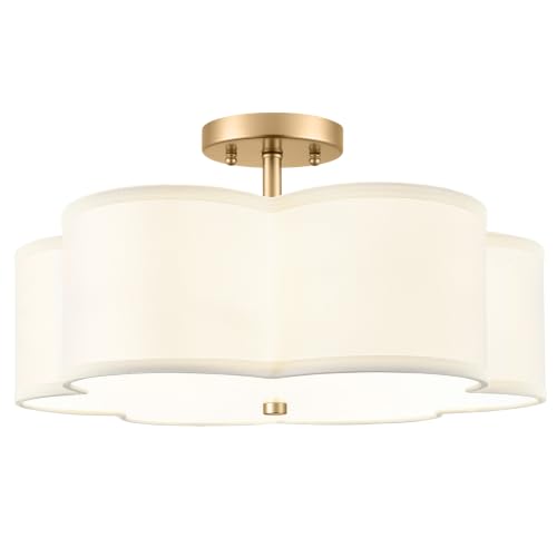 18" Gold Semi Flush Mount Ceiling Light with White Fabric Shade