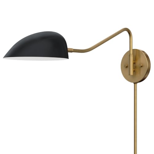 Bilson Plug in Wall Sconce with Black Dome Shade and Brass Swing Arm
