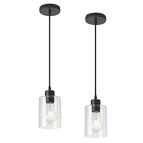 Modern Black Farmhouse Clear Glass Cylinder Pendant Light Fixture (2 Count)