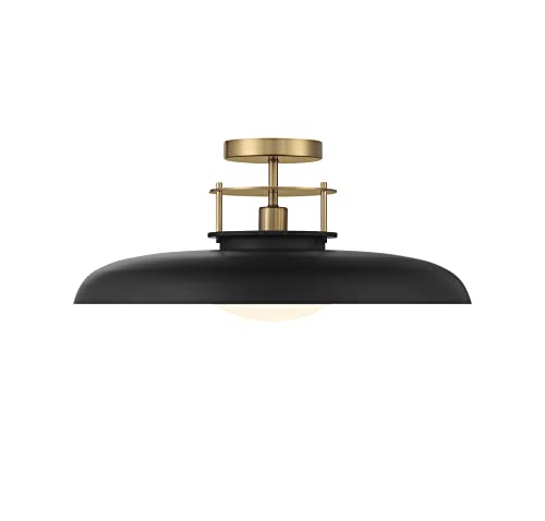 6-1685-1-143 Gavin Vintage Mid-Century Modern White Opal Metal Semi-Flush, 1-Light 60 Watt, 9" H x 20" W, Matte Black & Warm Brass Accents
