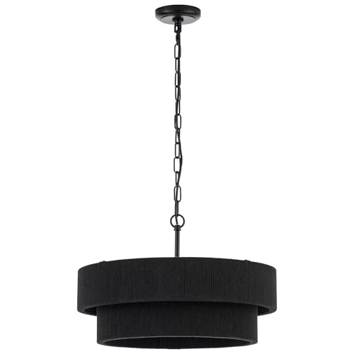 20” Black Hand Woven Rattan Chandelier Boho Pendant Light Adjustable Modern Pendant Light for Kitchen Island Dining Living Room