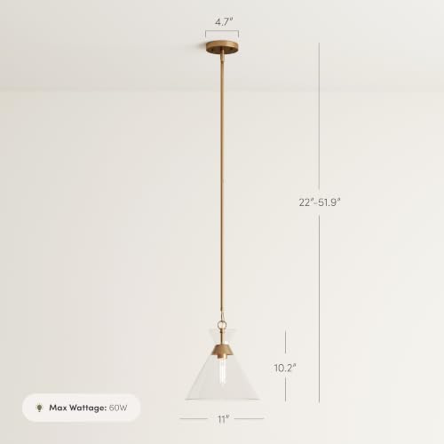 Brighton Vintage Brass Pendant Light with Adjustable Clear Cone Glass Shade for Kitchen Island