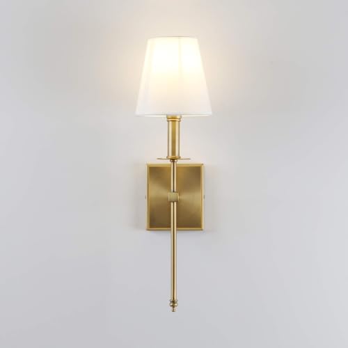 Set of 2 Classic Rustic Industrial Wall Sconce Lighting Fixture with Flared White Textile Lamp Shade and Antique Brass Tapered Column Stand (2 Count)