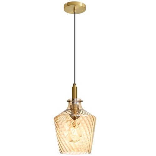 Stripes Amber Glass Pendant Light for Kitchen Island Gold 8 Inch 1 Pack