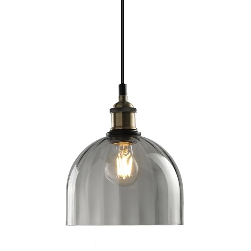 Grey Ribbed Glass Pendant Light Kitchen Island 7.8Inch Black Hanging Lamp