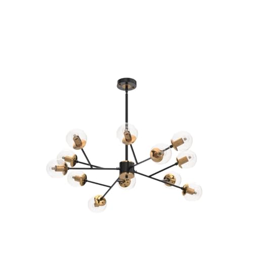 12 Light Mid Century Modern Black and Gold Glass Globe Sputnik Chandelier