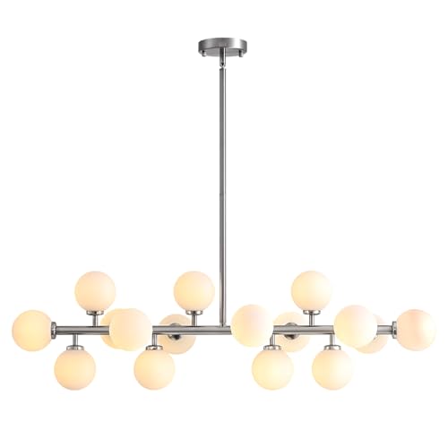 39'' Brushed Nickel and Milky White Mid Century Modern Pendant Lights Dimmable Glass Globe Sputnik Chandelier 16 Lights Linear Chandelier Light Fixtures for Kitchen Island Dining Room