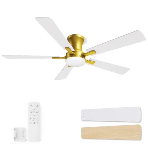 52 Inch White Gold Low Profile Ceiling Fan with Light and Remote (Gold White / 52 Inch)