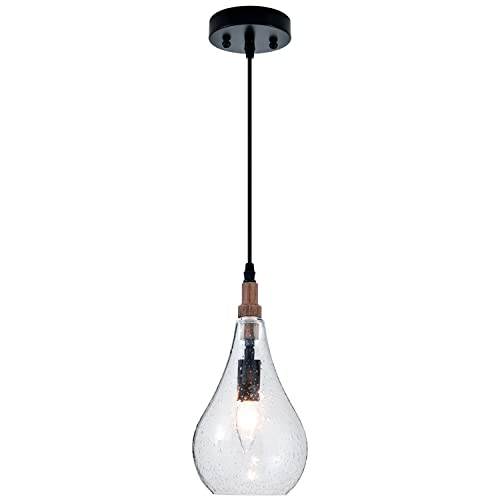 Farmhouse Wood Bubble Seeded Glass Pendant Light Adjustable Industrial Pendant Lighting Fixtures for Kitchen Island Dining Room Bedroom Entryway Sink