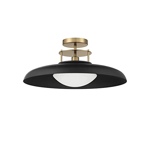 6-1685-1-143 Gavin Vintage Mid-Century Modern White Opal Metal Semi-Flush, 1-Light 60 Watt, 9" H x 20" W, Matte Black & Warm Brass Accents