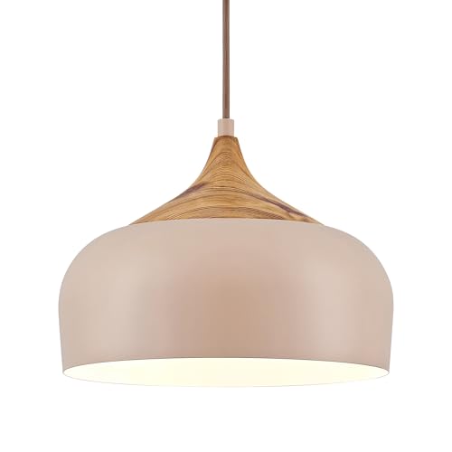 12 Inch Modern Japandi Pendant Light for Kitchen Island Farmhouse Hanging Lamp with Faux Pine Wood Grain Metal Shade