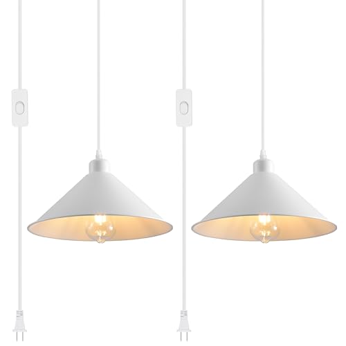 11.8IN Plug in Pendant Light 2 Pack Industrial Hanging Lamp White Vintage Pendant Lighting Fixtures with 15ft Cord On (2 Count)
