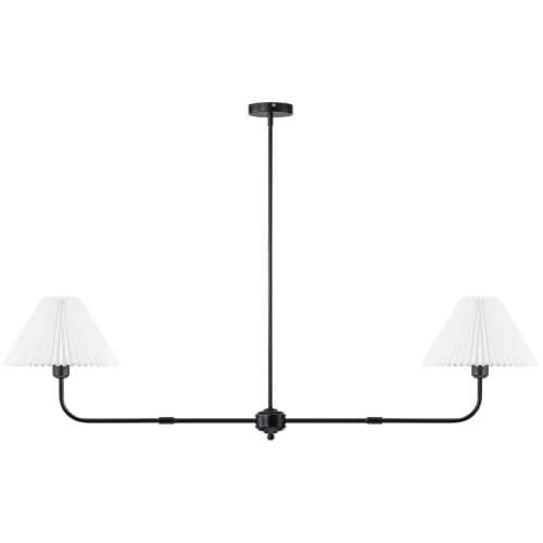 55" Black Modern Chandelier, 2-Light Linear Dining Room Light Fixture | White Fabric Shade, Classic Linear Lighting, Height Adjustable Lights for Living Room Bedroom