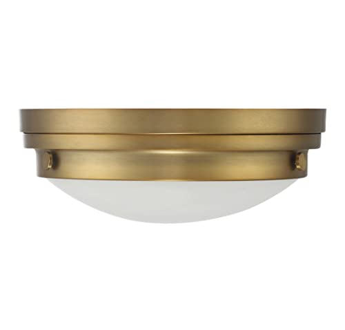6-3350-14-322 Lucerne Industrial White Glass Flush Mount, 2-Light 120 Total Watts, 5" H x 13" W, Warm Brass