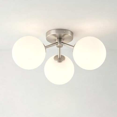 Brushed Nickel Opal Globe Mid Century Modern Semi Flush Mount Ceiling Light