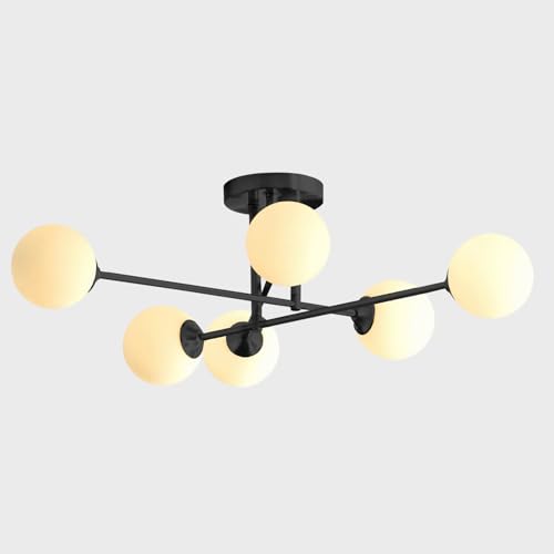 Black Modern Sputnik Chandelier Ceiling Light Fixtures 6 Light Milk Glass Globe Sputnik Chandelier Mid Century Bedroom Semi Flush Mount Ceiling Light