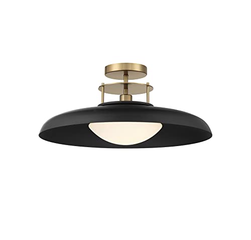 6-1685-1-143 Gavin Vintage Mid-Century Modern White Opal Metal Semi-Flush, 1-Light 60 Watt, 9" H x 20" W, Matte Black & Warm Brass Accents