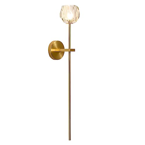 1 Light Antique Brass Wall Sconce Lighting Fixture Modern Clear Crystal Ball Wall Sconce Lamp Brushed Gold Long Metal Wall Light Hardwired Bathroom Vanity Light Fixture