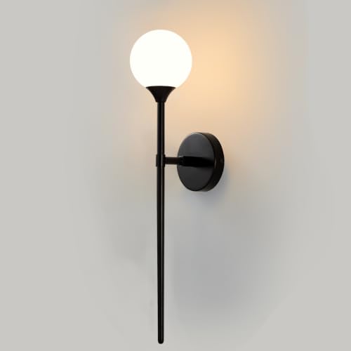 Single Black Globe Glass Wall Sconce with Milk White Glass Shade