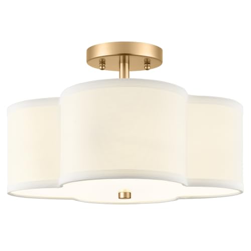 13.6" Gold Semi Flush Mount Ceiling Light with Fabric Shade