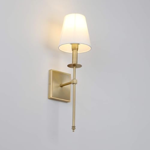 Set of 2 Classic Rustic Industrial Wall Sconce Lighting Fixture with Flared White Textile Lamp Shade and Antique Brass Tapered Column Stand (2 Count)