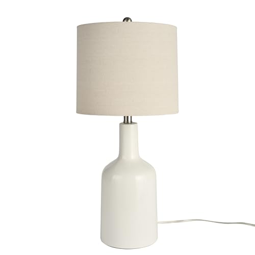 Home 22" White Glossy Ceramic Table Lamp with Oatmeal Linen Shade for Modern Farmhouse