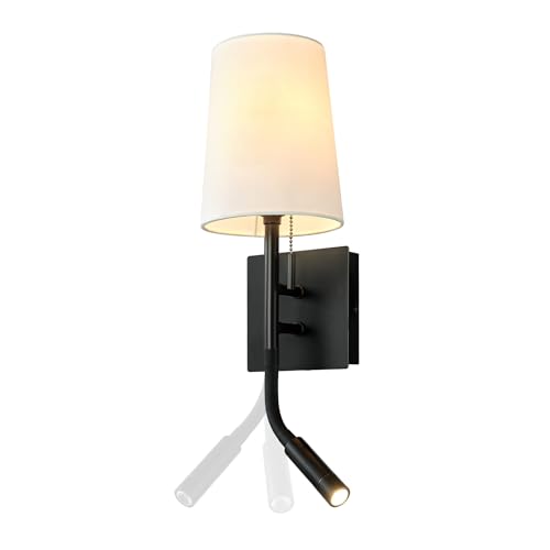 1-Light Plug-in or Hardwired Wall Sconce with LED Integrated Reading Light, USB-A Port, USB-C Port, Matte Black, White Fabric Shade, On-Off Pull Chain and Rocker Switch
