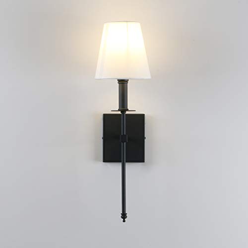 Set of 2 Classic Rustic Industrial Wall Sconce Lighting Fixture with Flared White Textile Lamp Shade and Black Tapered Column Stand (2 Count)