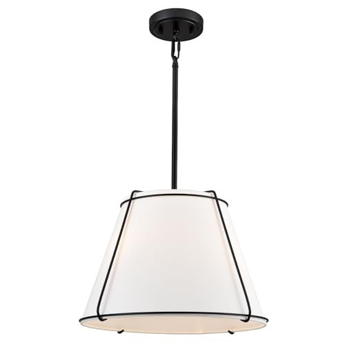 Modern 3 Light 16" Black Pendant Light White Linen Drum Adjustable