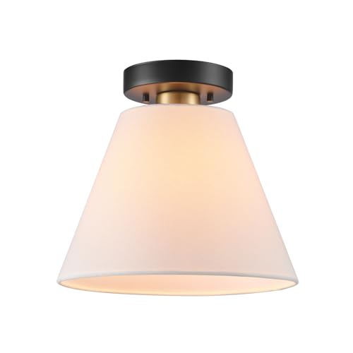 1-Light Semi-Flush Mount Ceiling Light, Matte Black with Matte Brass Accent, White Linen Shade, Dimmable, E26 Base, Transitional Style, 66000137