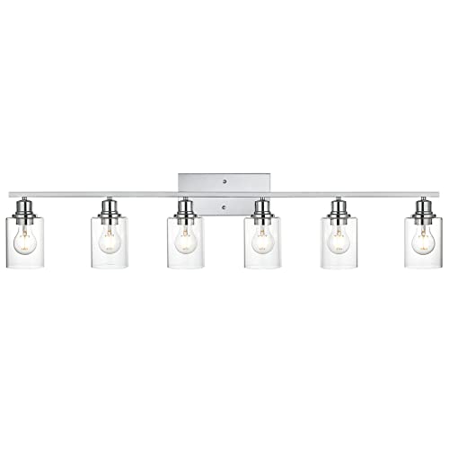 6 Lights Bathroom Vanity Light in Chrome Finish with Clear Cylinder Glass Shade Industrial Wall Light Fixtures Over Mirror for Dressing Table Bedroom