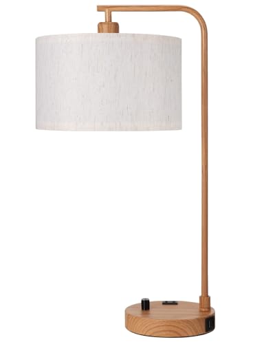 Wood Table Lamp for Bedroom with USB Port and Outlet
