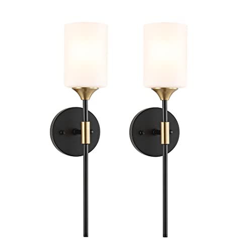 Industrial Mid Century Wall Sconce Set of 2 with White Cylinder Glass Shades Modern Bathroom Vanity Wall Lamp Black and Gold Finished Wall Light Fixture (2 Count)