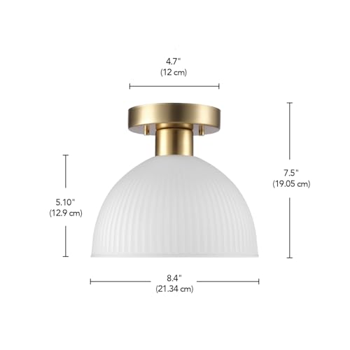 1-Light Semi-Flush Mount Ceiling Light, Matte Brass Finish, Frosted Ribbed Glass Shade, Dimmable, E26 Base, Modern Glam Design, 66000129