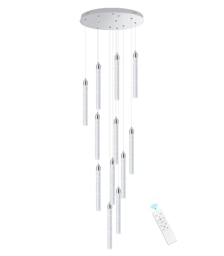 12 Lights Modern Chandeliers for Entryway High Ceiling Chandelier LED Dimmable Long Lights Fixture Pendants Lighting Crystal Chandeliers for Hallway Foyer Living Room Silver Finished Lighting