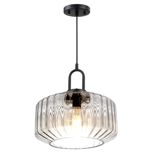 Clear Glass Pendant Light Fixture Kitchen Island Farmhouse Dining Room Pendant Lights Striped Wave Globe Lamp Shade Black Metal Light fixtures Modern Glass Ceiling Hanging Lighting