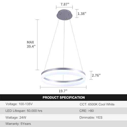 Buccleuch Modern LED Chandelier - Dimmable 19.7" Silver Round Pendant Light, Height Adjustable UL-Certified Ceiling Light for Dining Room, Kitchen Island, Living Room, Bedroom, Foyer, 6500K